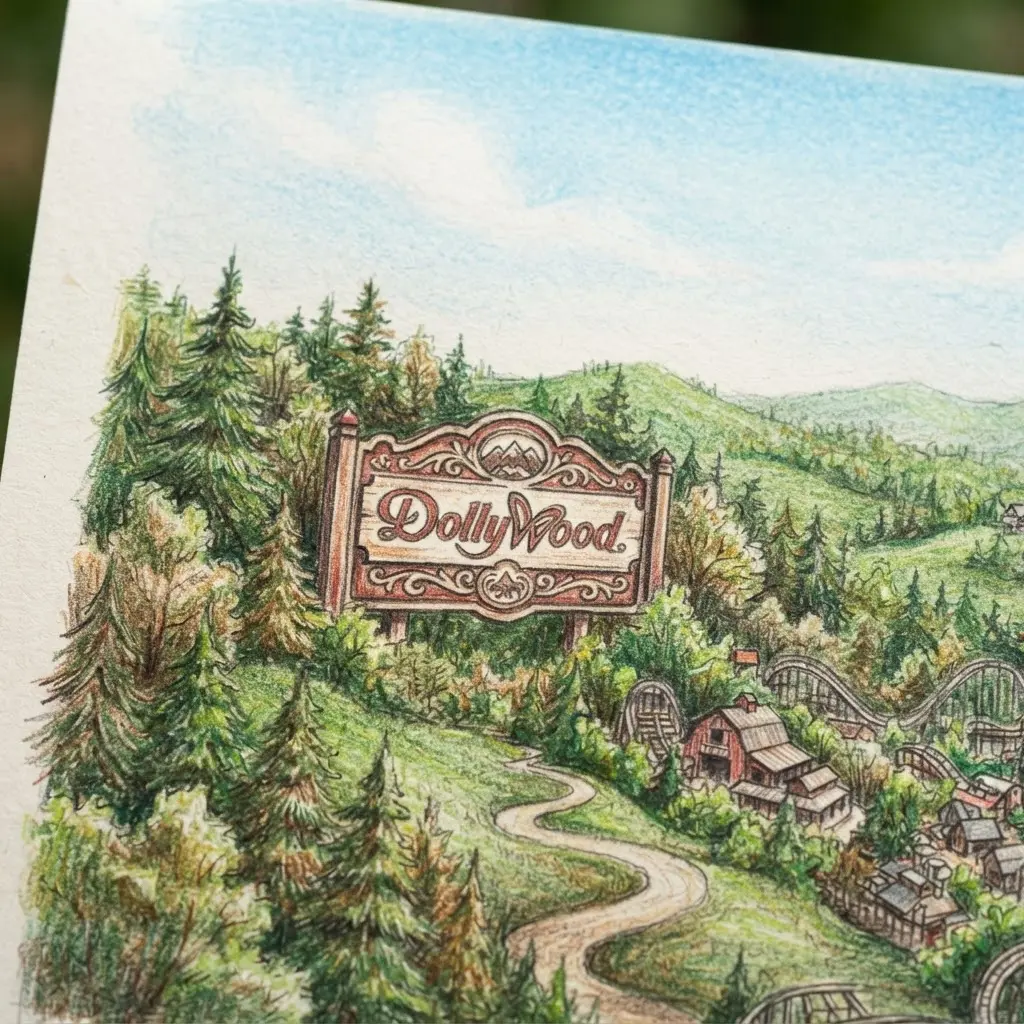 Colored pencil Dolly Parton drawing ideas landscape showing a theme park sign, trees, hills, and a bright sky.