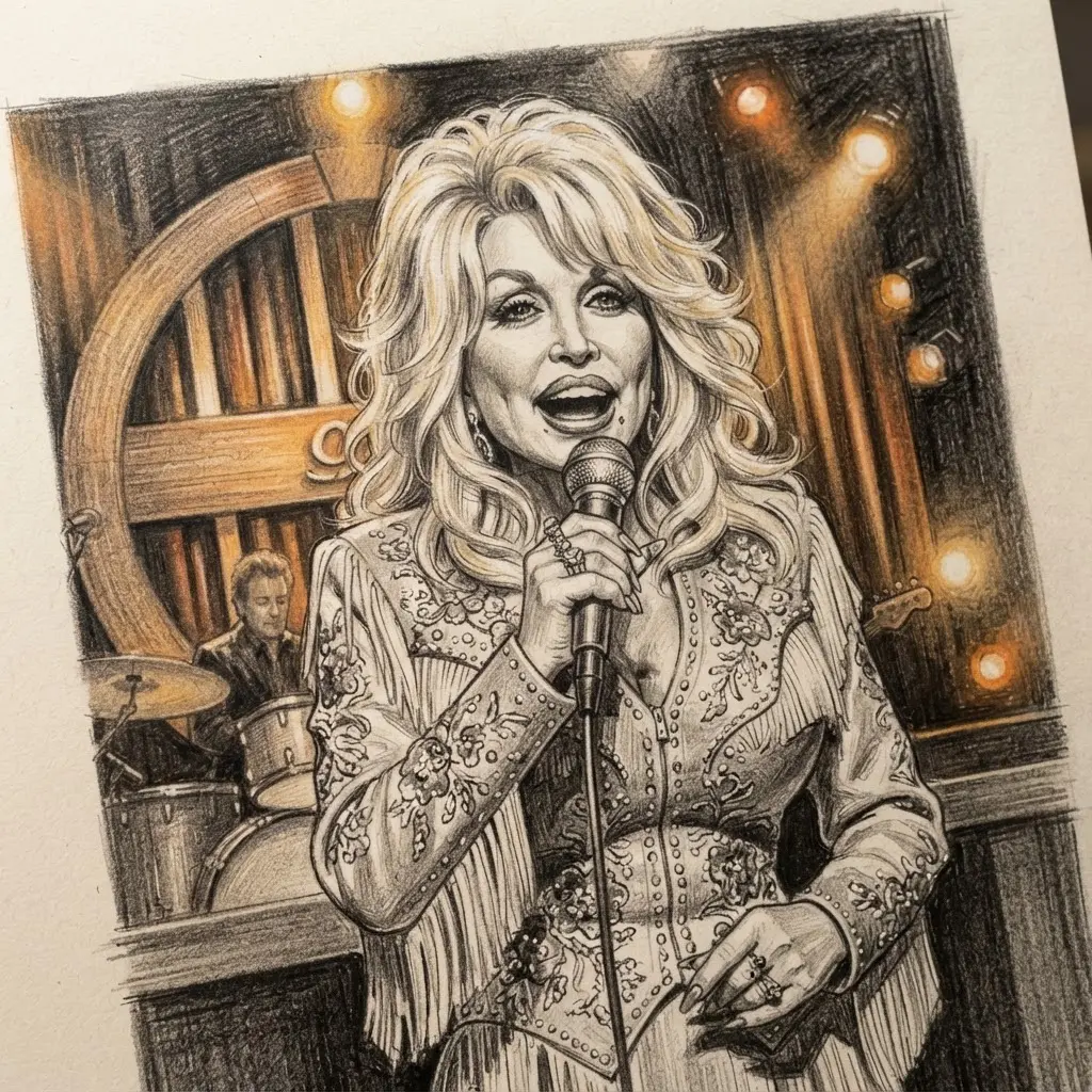 Graphite Dolly Parton drawing ideas portrait showing a singer at a microphone beneath stage lights.