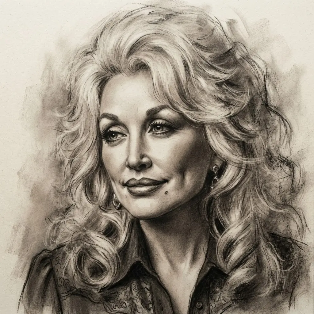 Charcoal Dolly Parton drawing ideas portrait showing a reflective expression, loose hair, and soft shading.