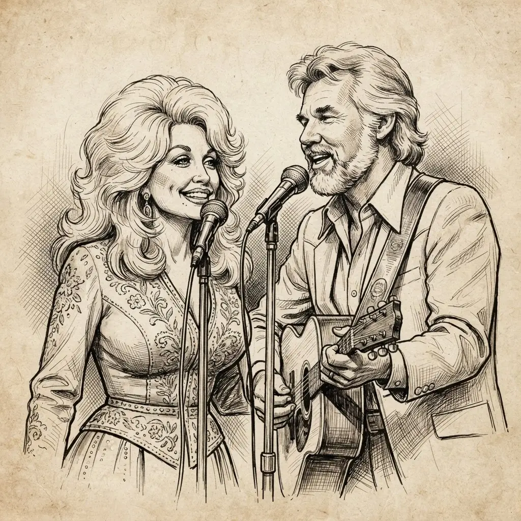 Ink Dolly Parton drawing ideas illustration showing two singers at microphones during a friendly duet.