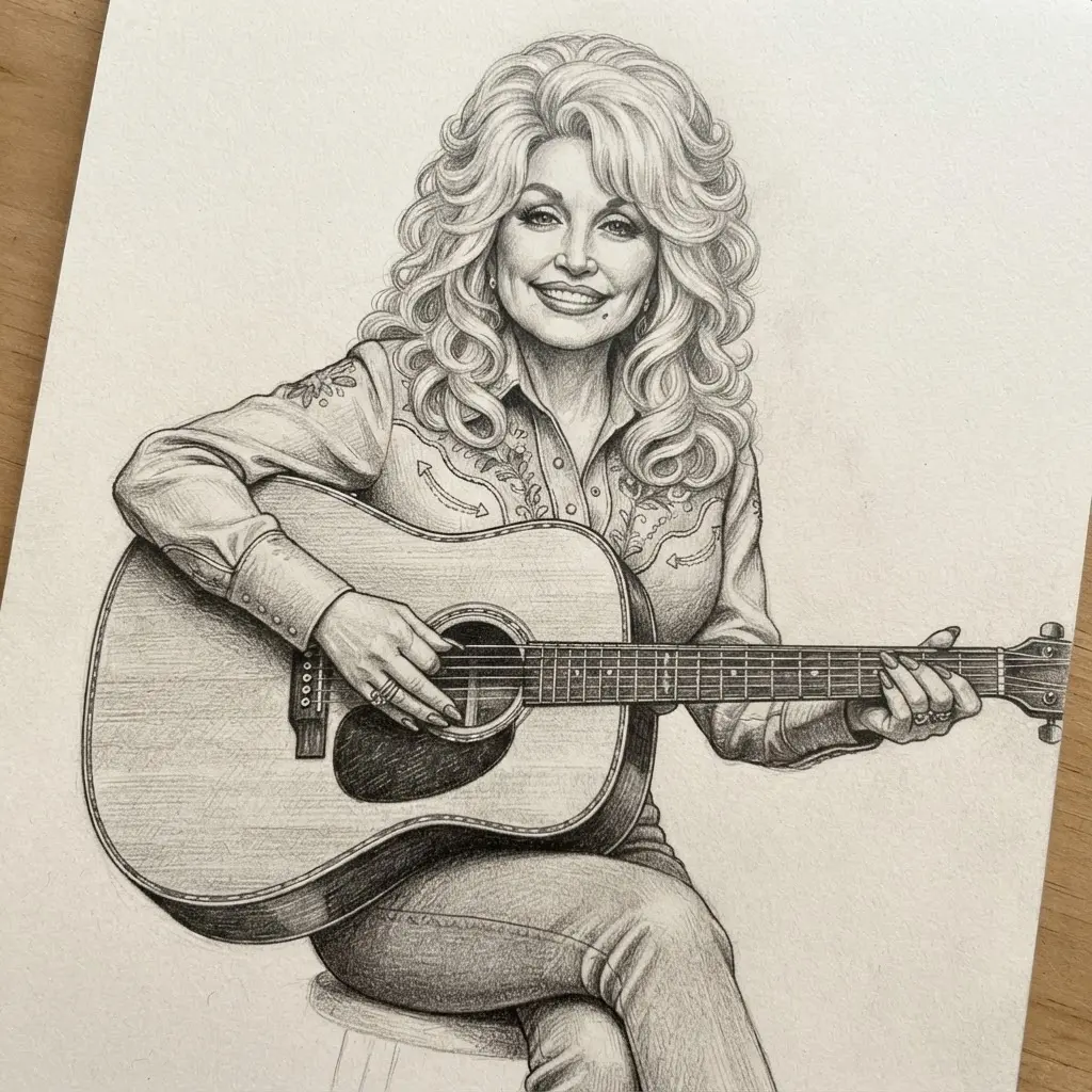 Graphite Dolly Parton drawing ideas portrait showing her holding an acoustic guitar in a seated pose.