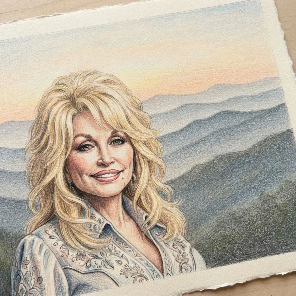 Colored pencil Dolly Parton drawing ideas scene showing a portrait in front of layered mountain ridges.