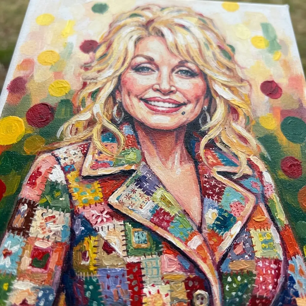 Acrylic portrait of Dolly Parton wearing a colorful coat with stitched fabric details.