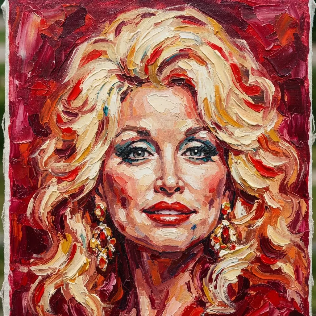 Acrylic portrait of Dolly Parton with red hair accents, dramatic earrings, and a warm crimson background.