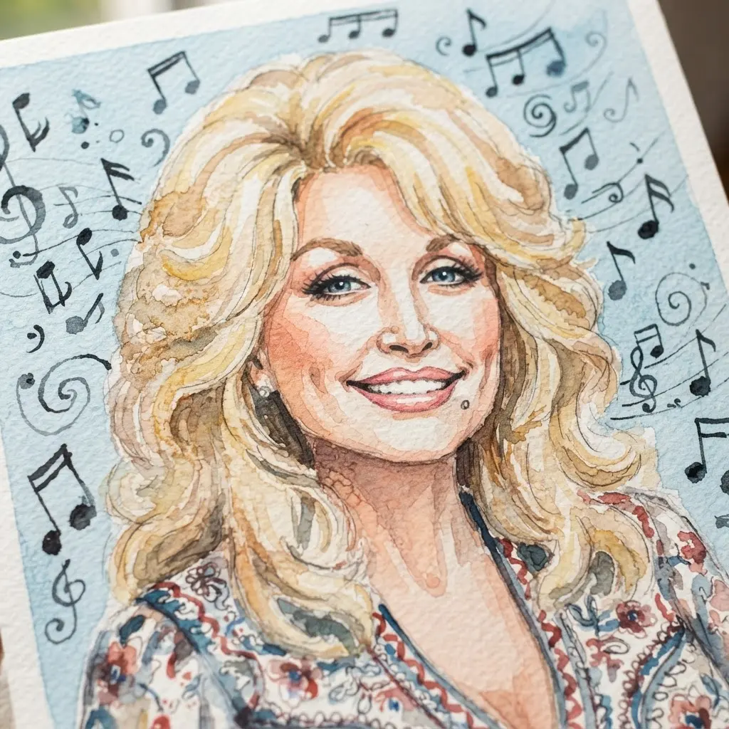 Watercolor portrait of Dolly Parton with black musical notes across a pale blue background.
