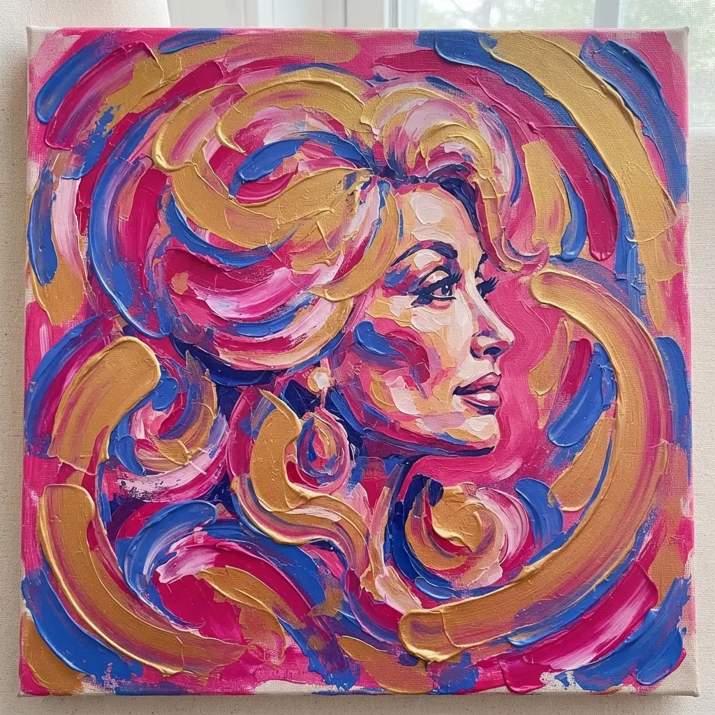 Acrylic abstract artwork showing Dolly Parton’s profile beside pink, gold, and blue curved shapes.