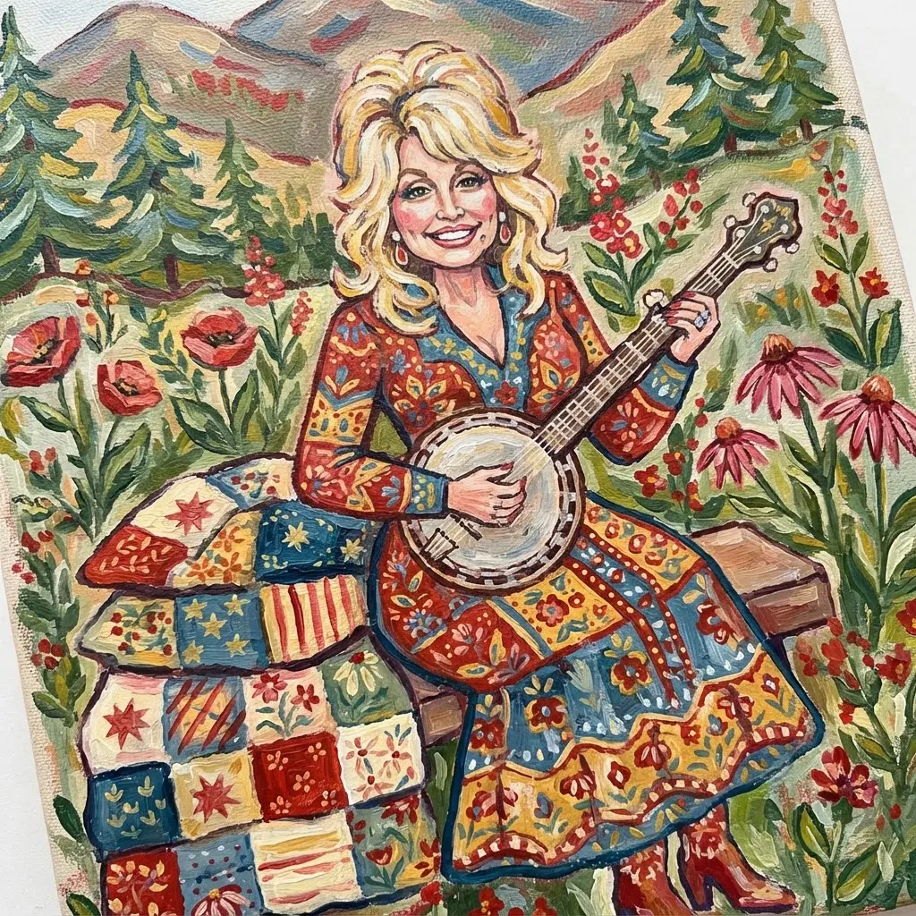 Folk art scene showing Dolly Parton holding a banjo beside patchwork quilts and red wildflowers.