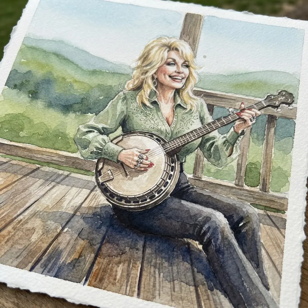 Watercolor scene showing Dolly Parton playing a banjo on a wooden porch with green hills behind her.