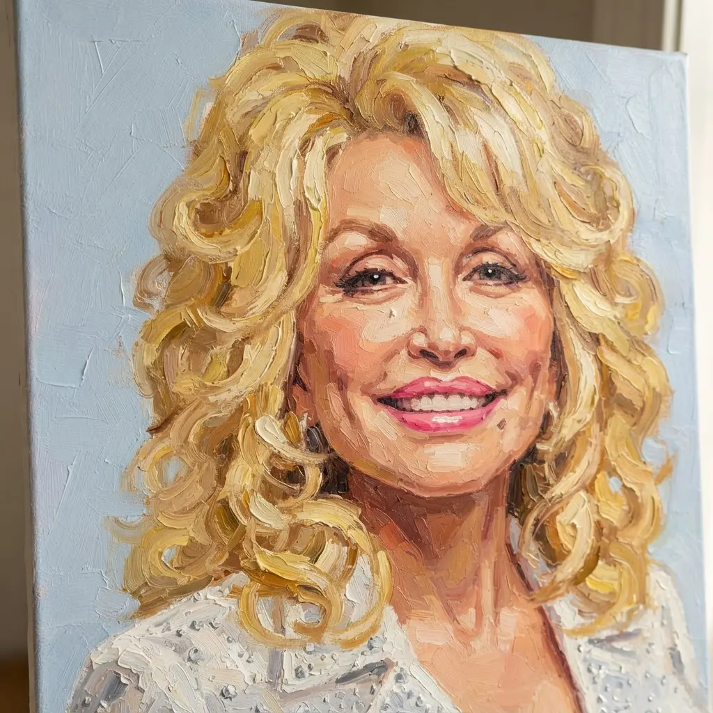Oil portrait showing Dolly Parton smiling with soft curls, pink lipstick, and a pale blue background.