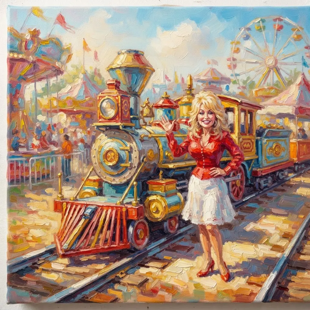 Oil painting showing Dolly Parton beside a bright train with polished rails and a fairground setting.