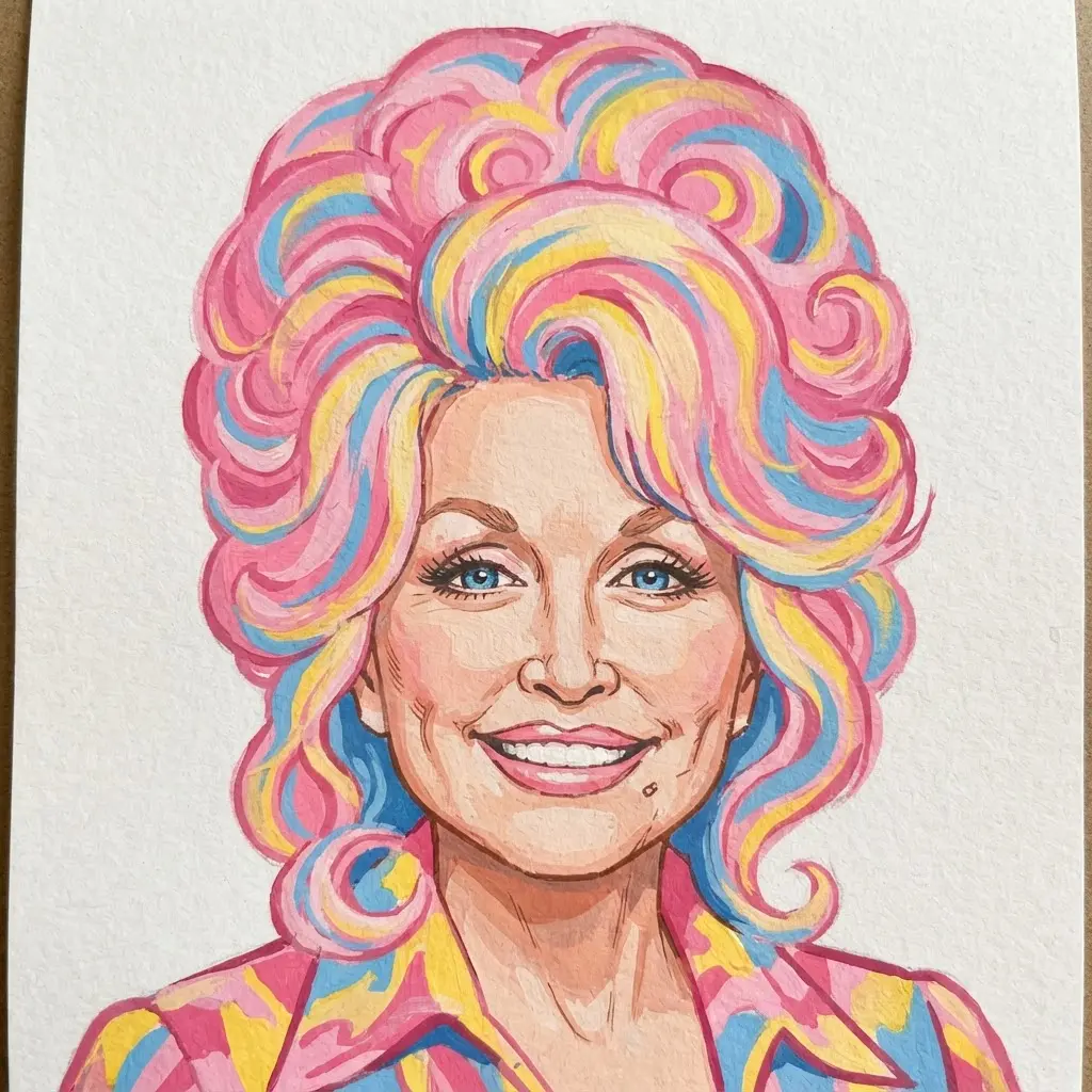 Gouache portrait showing Dolly Parton’s tall beehive hairstyle, bright eyes, and warm smile.