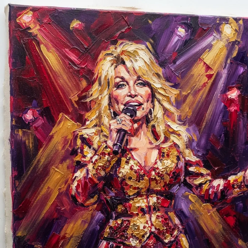 Acrylic painting showing Dolly Parton performing with a microphone under colorful stage lights.