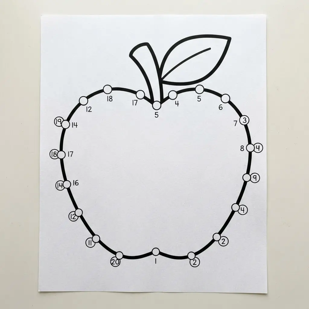 Numbered apple outline with a leaf and clear connecting points on a white activity page.