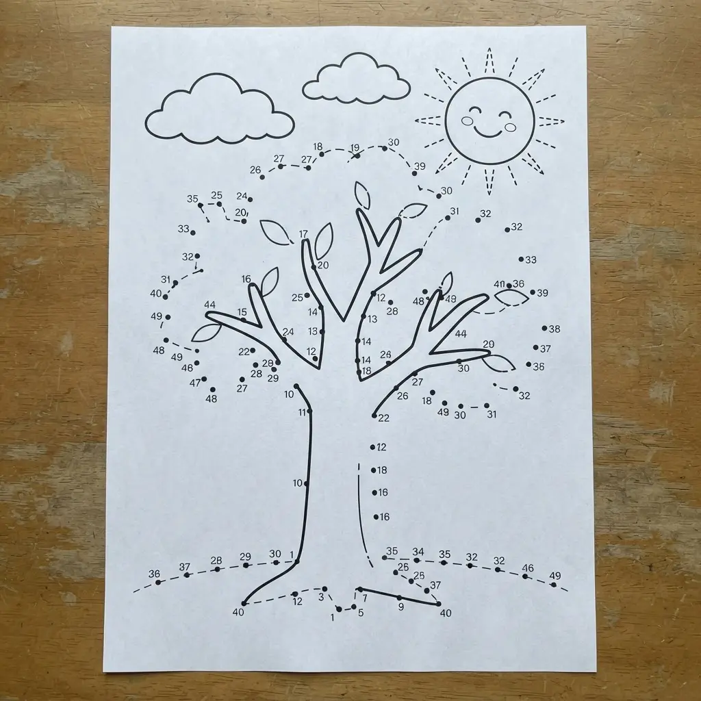 Numbered tree scene with a sun, clouds, and clear connecting points on white paper.