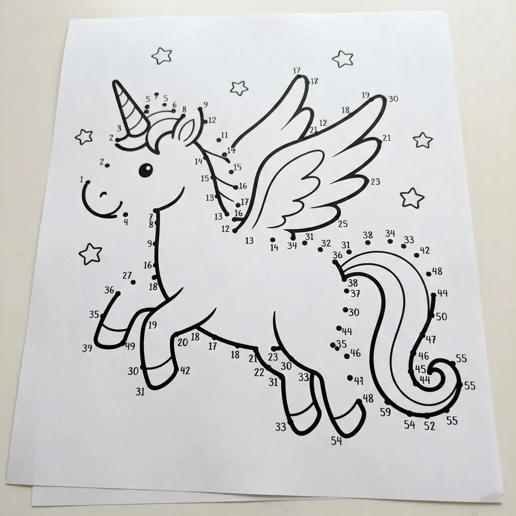 Numbered winged creature outline with stars and clear connecting points on an activity page.