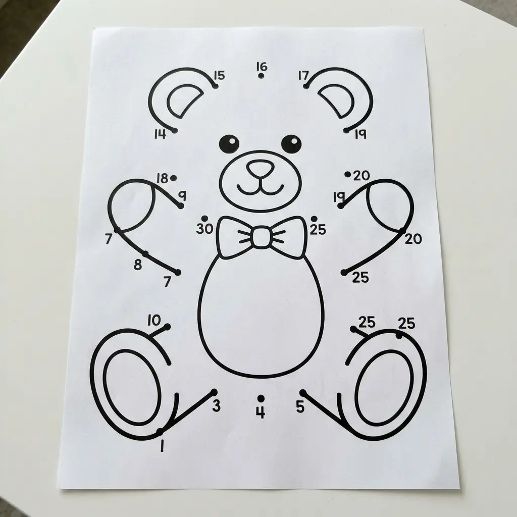Numbered teddy bear outline with round ears and clear connecting points on white paper.