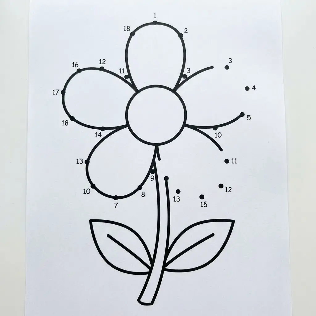Numbered flower outline with petals and leaves, shown on a clean white activity page.