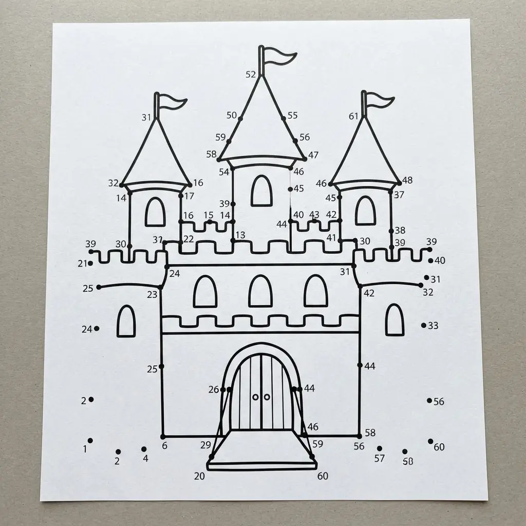 Numbered castle outline with towers, flags, and clear connecting points on white paper.