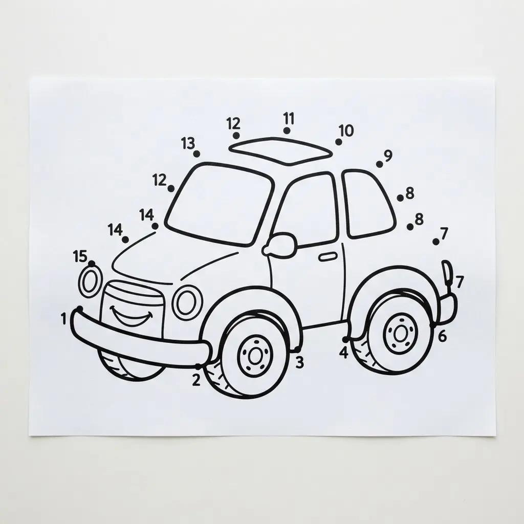 Numbered car outline with clear connecting points, one of several dot to dot printables for kids.