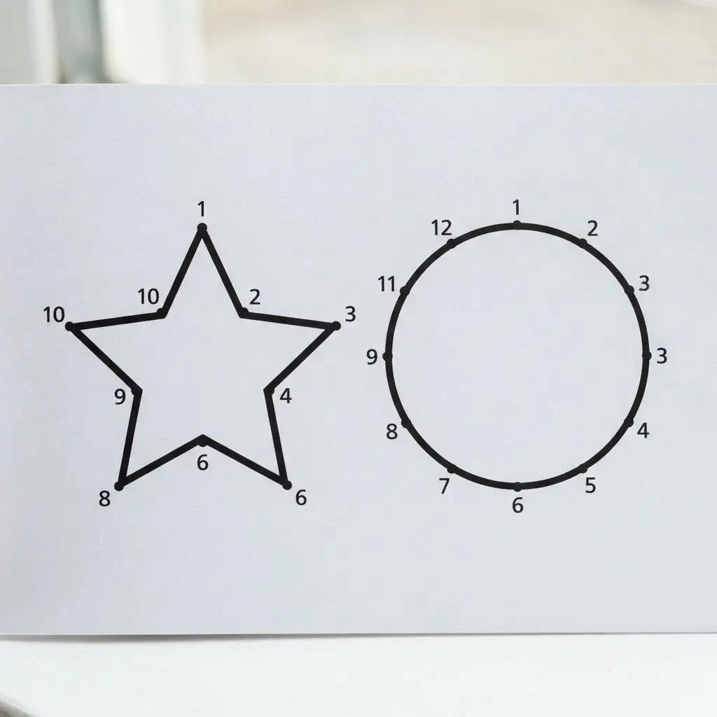 Numbered star and circle outlines with connecting points, shown in dot to dot printables.