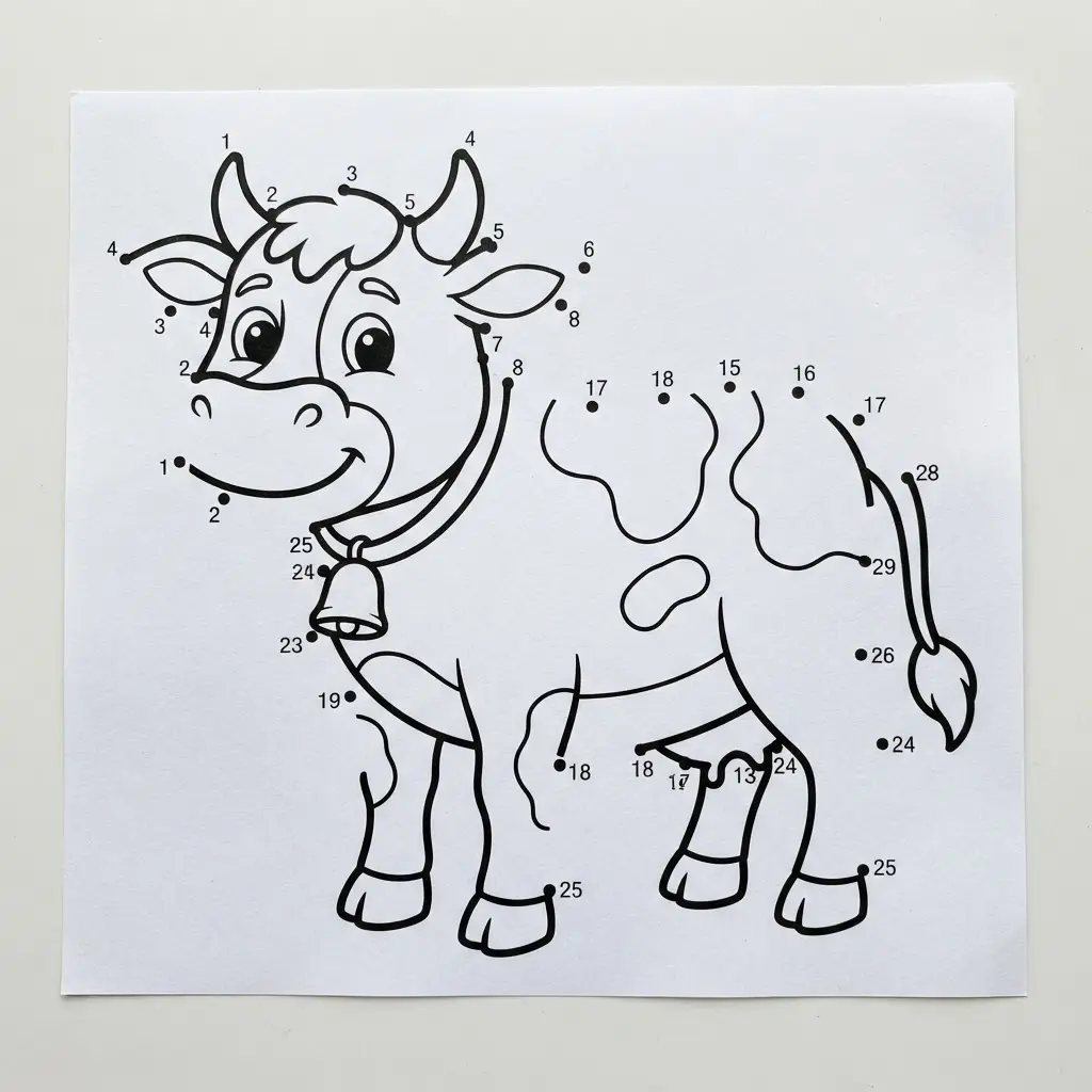 Numbered cow outline with clear points and a farm setting, included in dot to dot printables.