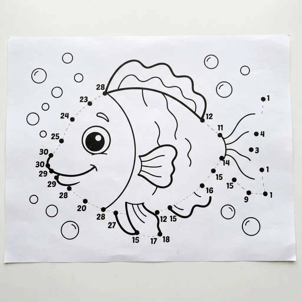 Numbered fish outline with bubbles and connecting points, presented as dot to dot printables.