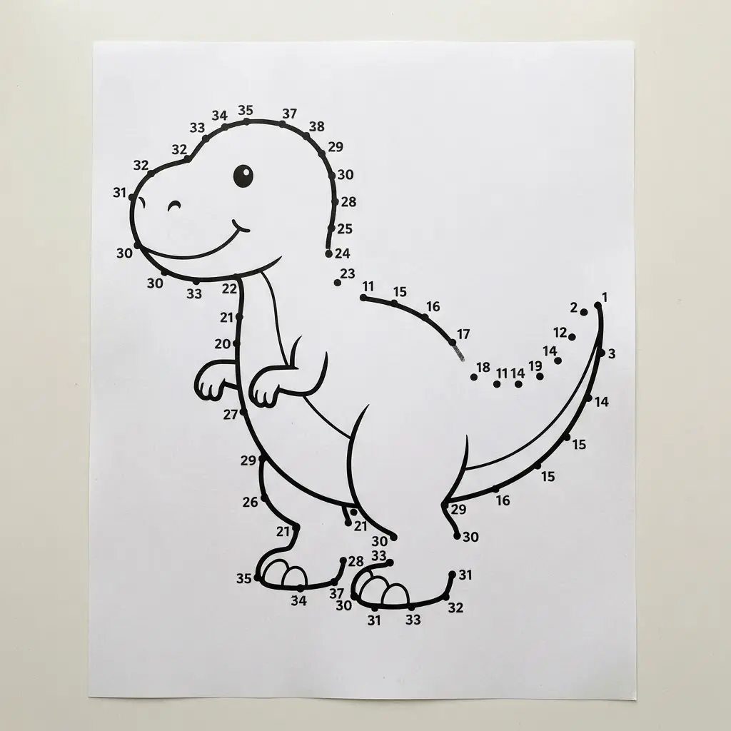 Numbered dinosaur outline with clear connecting points, included in dot to dot printables for kids.