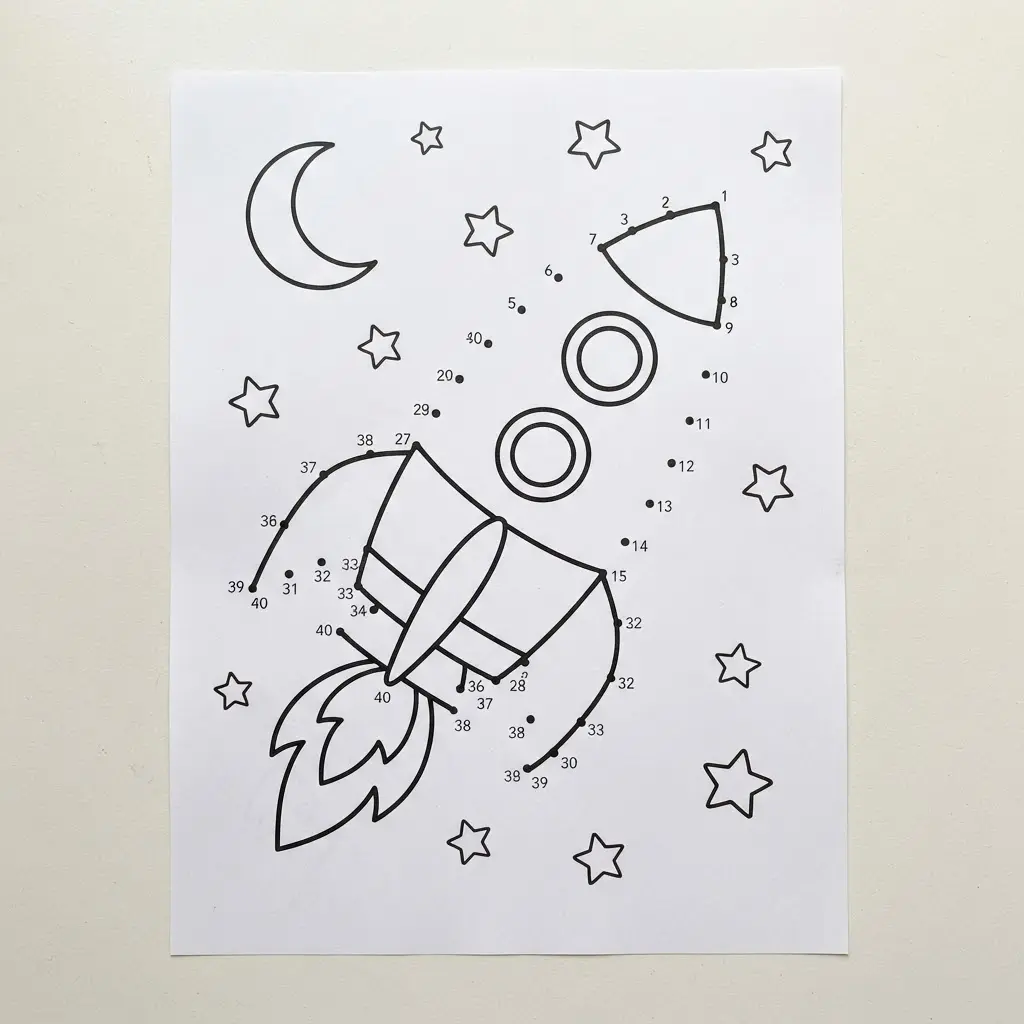 Numbered rocket outline with stars and clear points, shown in dot to dot printables for counting.