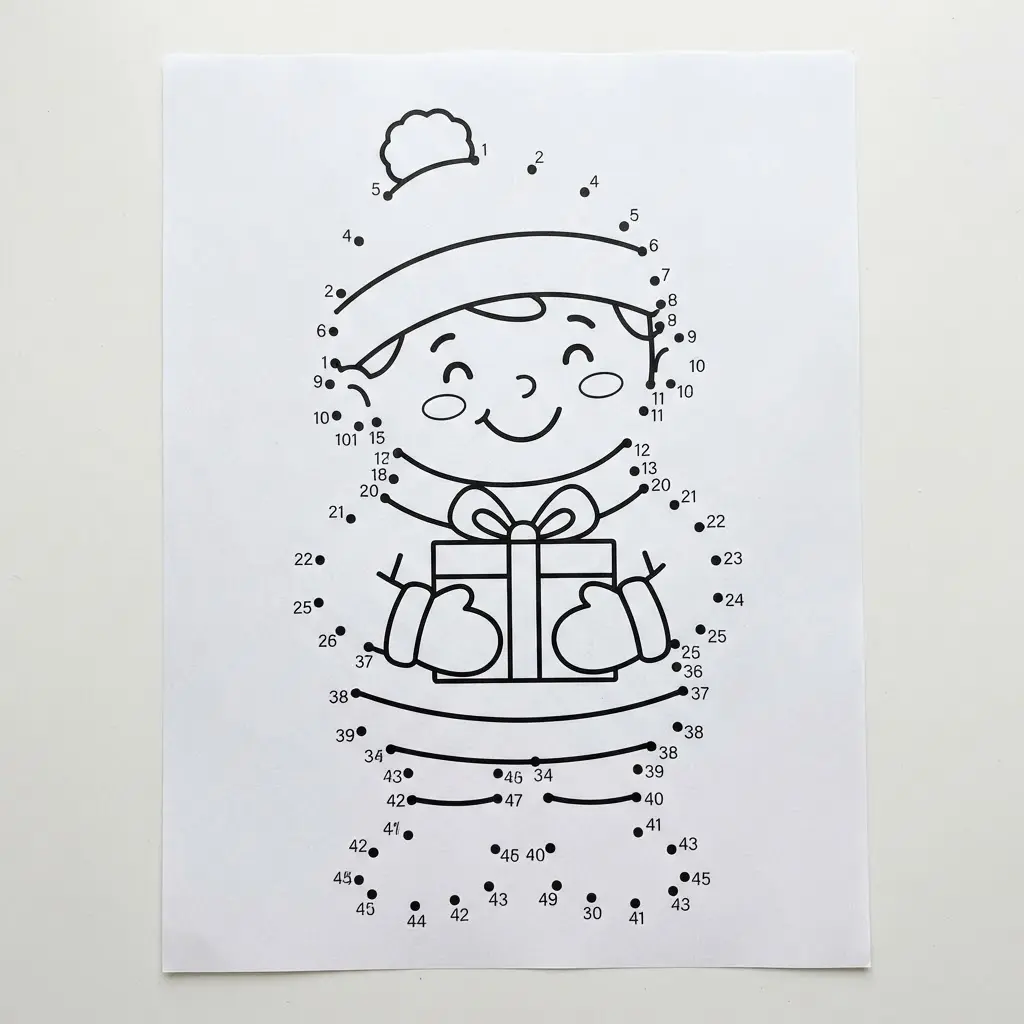 Numbered holiday character outline with a hat, gift, and clear connecting points.