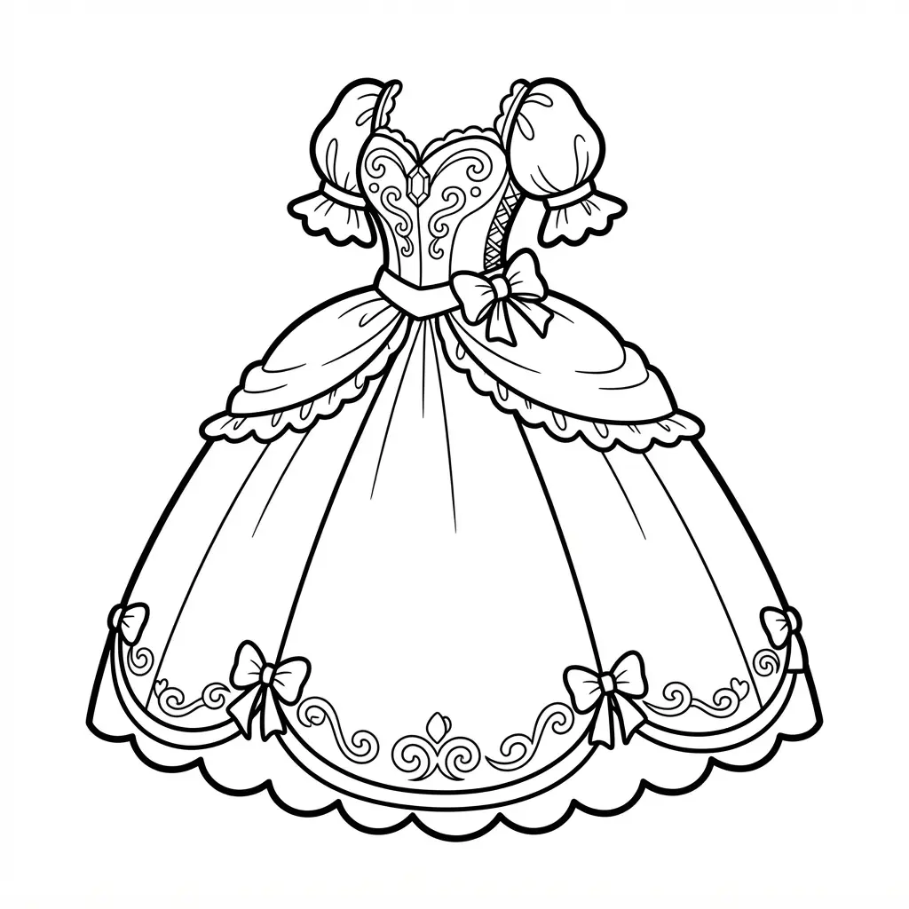 Princess ball gown outline in clean black line art with a full skirt and decorative bodice for dress coloring pages.