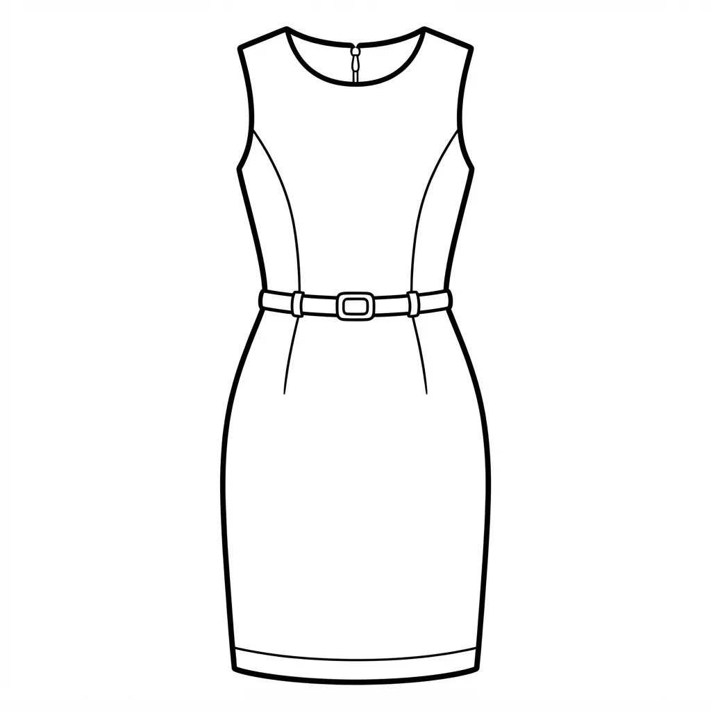 Modern chic sheath dress with a fitted shape, straight hem, belt, and simple neckline in dress coloring pages line art.