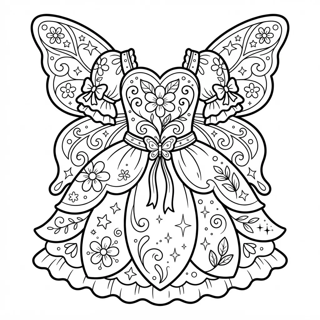 Fantasy fairy dress with wing shapes, flower details, and a layered skirt shown in clean printable dress coloring pages art.