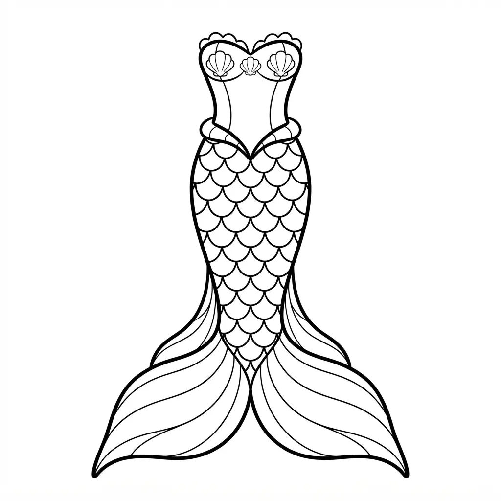 Mermaid tail gown with scale patterns, a fitted bodice, and a flared tail shown in dress coloring pages line art.
