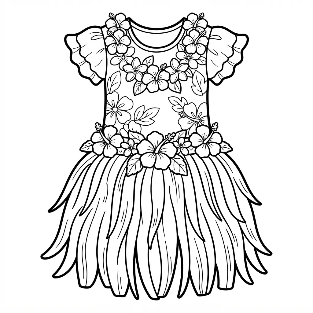 Hawaiian luau dress with flower accents, a grass-inspired skirt edge, short sleeves, and a bright lei.