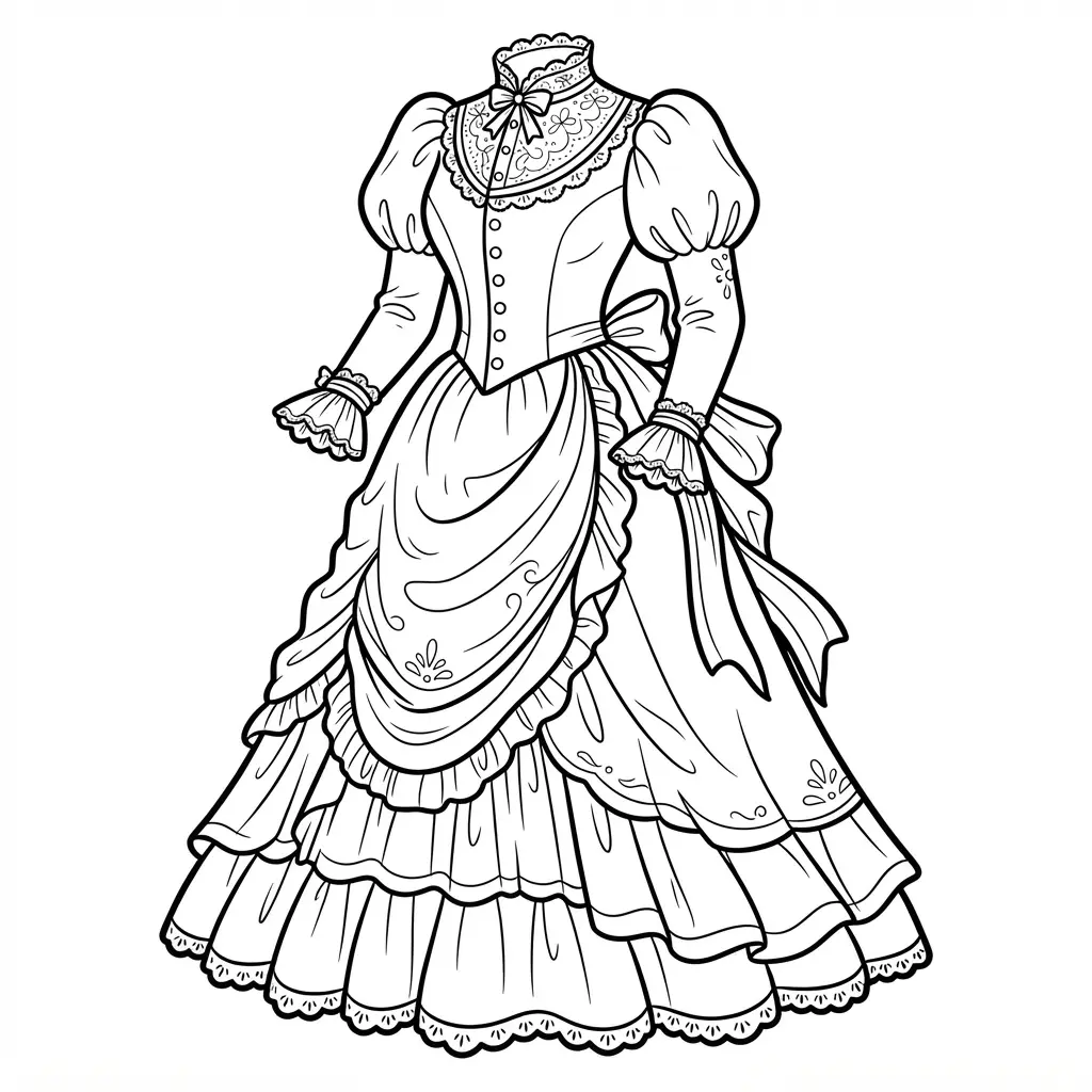 Victorian era dress with a high collar, puffed sleeves, layered skirt, and small buttons.