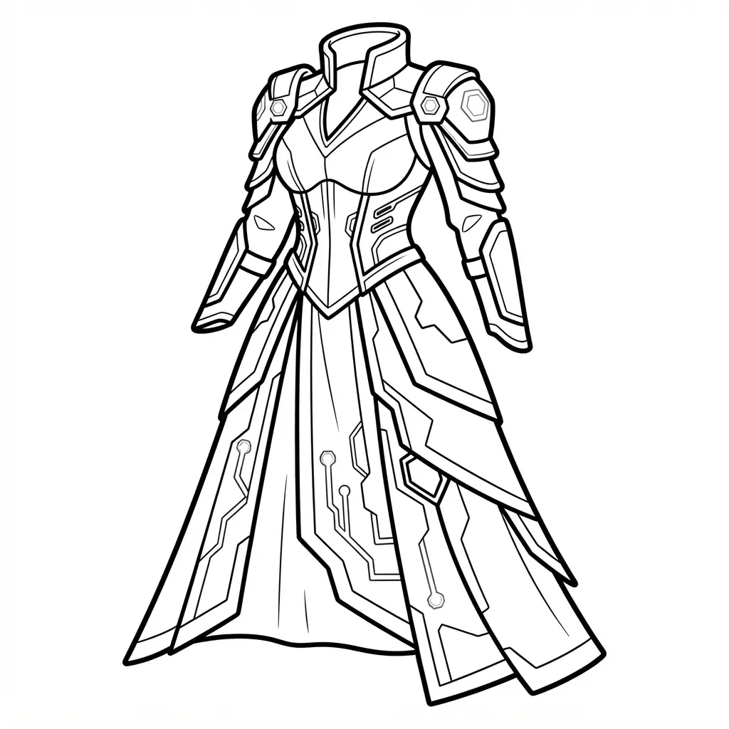 Sci-fi futuristic gown with geometric panels, raised shoulder details, a narrow waist, and angular hem.