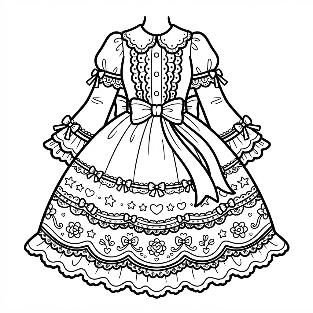 Gothic Lolita dress with lace trim, puffed sleeves, ribbon bows, and a layered knee-length skirt.