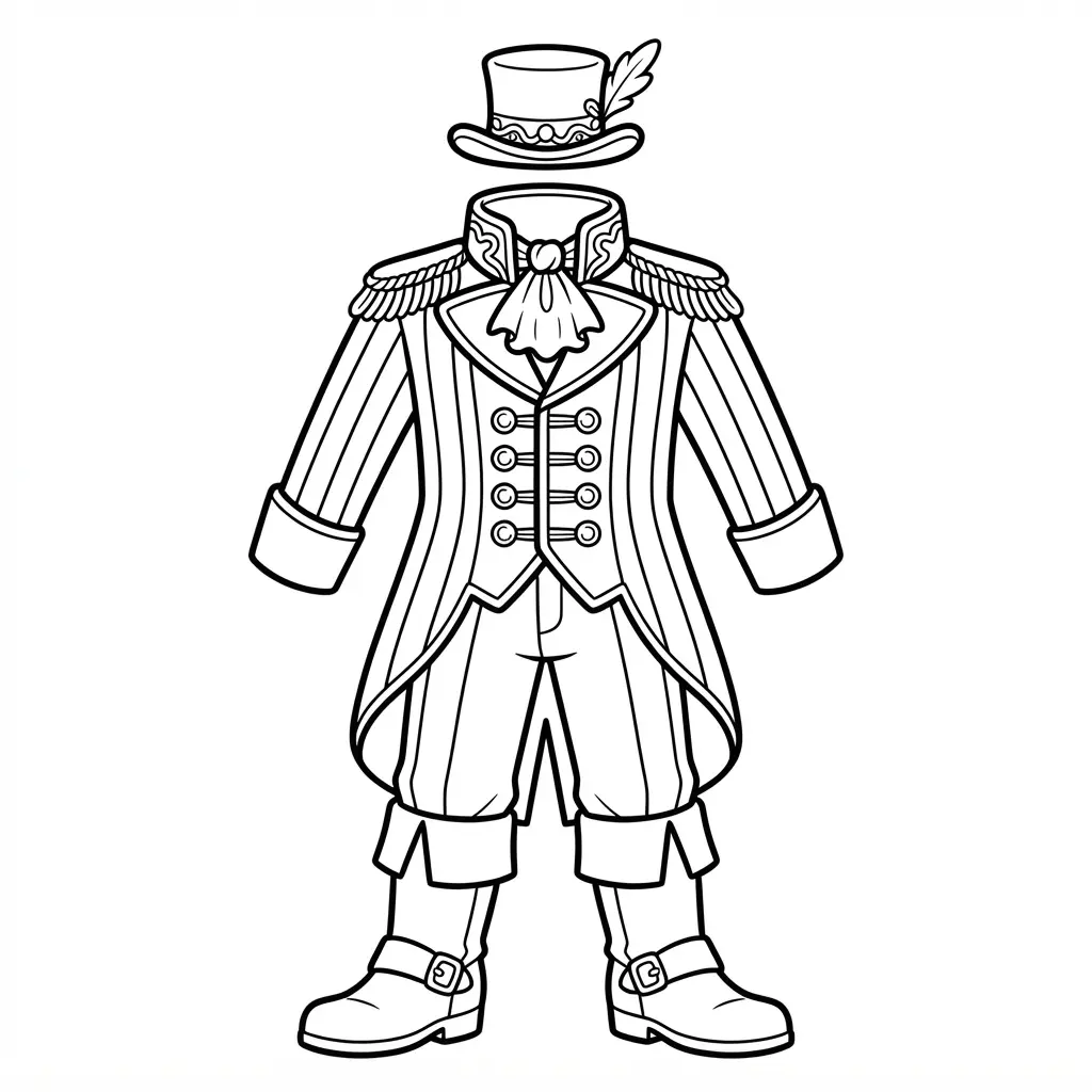 Circus ringmaster costume with a tailored jacket, decorative buttons, tall boots, and a small hat.