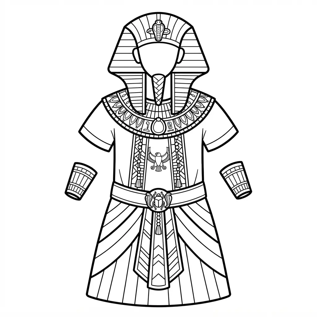 Egyptian pharaoh dress with a wide collar, striped skirt, arm bands, and a decorated headpiece.