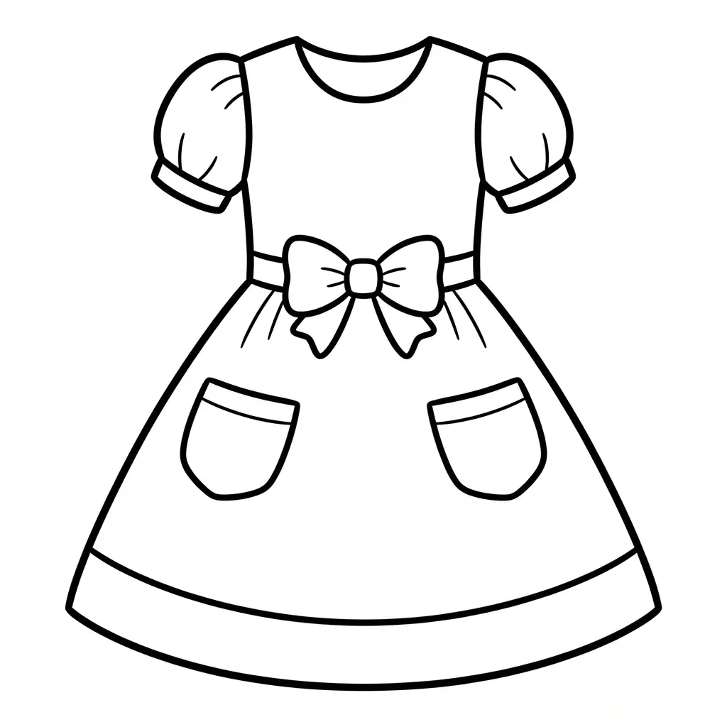 Simple A-line party dress in clear black line art with short sleeves, pockets, and a wide hem for dress coloring pages.