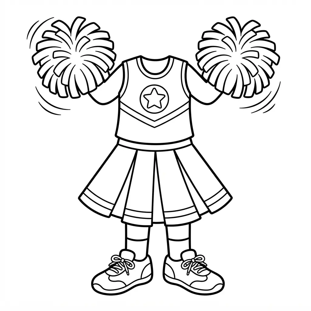 Cheerleader uniform with a pleated skirt, sleeveless top, letter emblem, pom-poms, and athletic shoes.