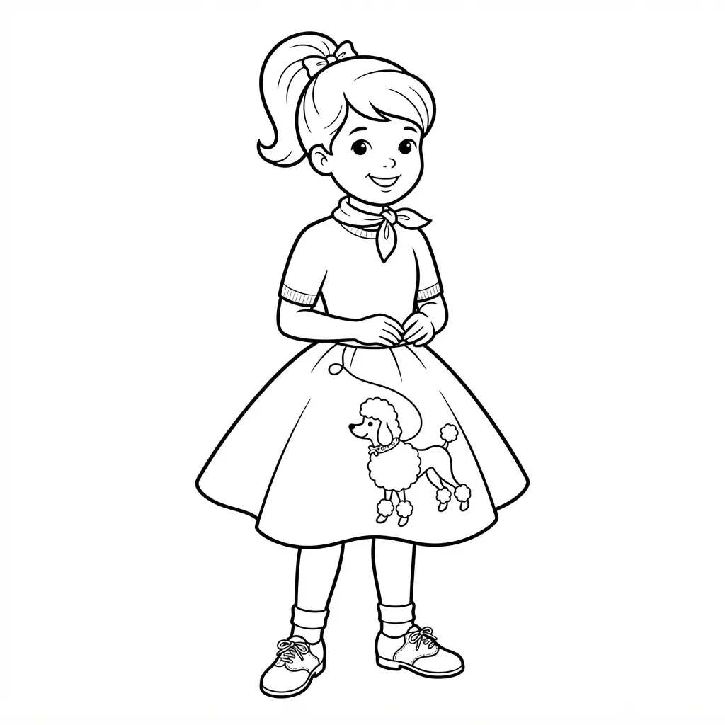 Poodle skirt outfit with a poodle applique, fitted sweater, scarf, saddle shoes, and a ponytail.