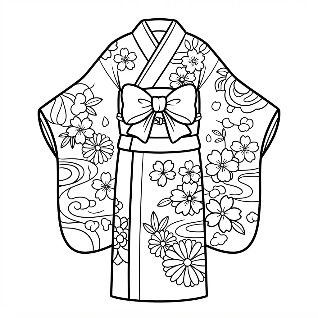 Traditional kimono dress with wide sleeves, a tied obi belt, floral motifs, and a straight hem.