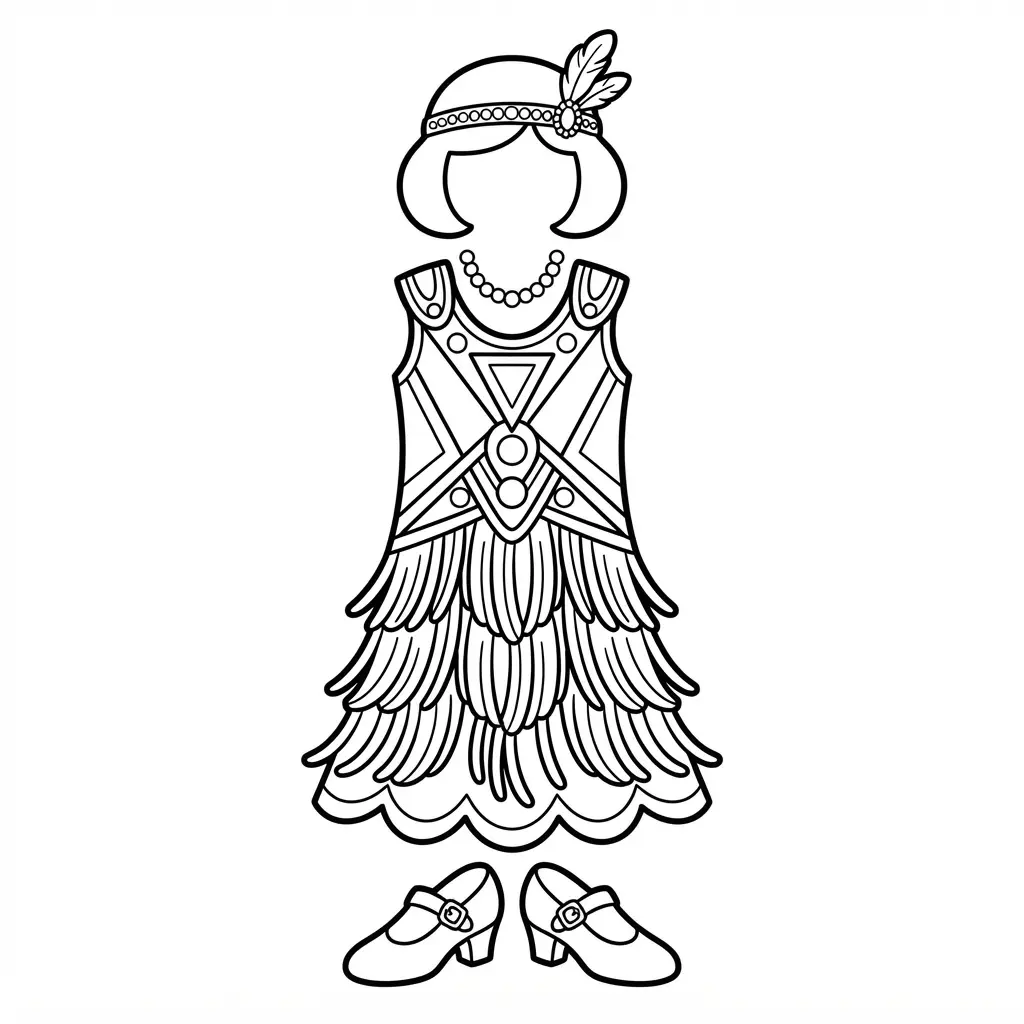 Art Deco flapper dress with geometric panels, layered fringe, a jeweled headband, and low heels.