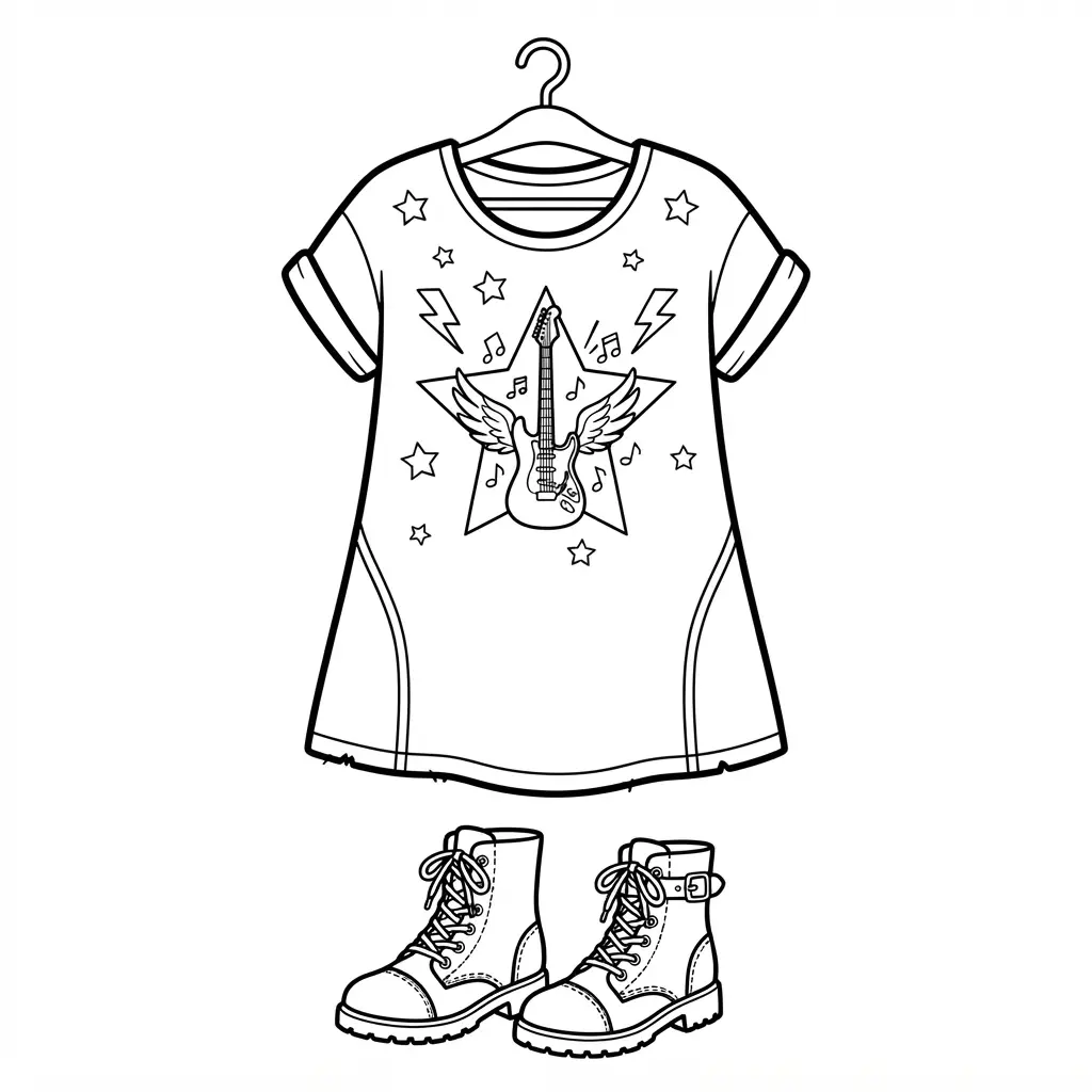 Rocker band T-shirt dress with star details, rolled sleeves, a guitar graphic, and lace-up boots.
