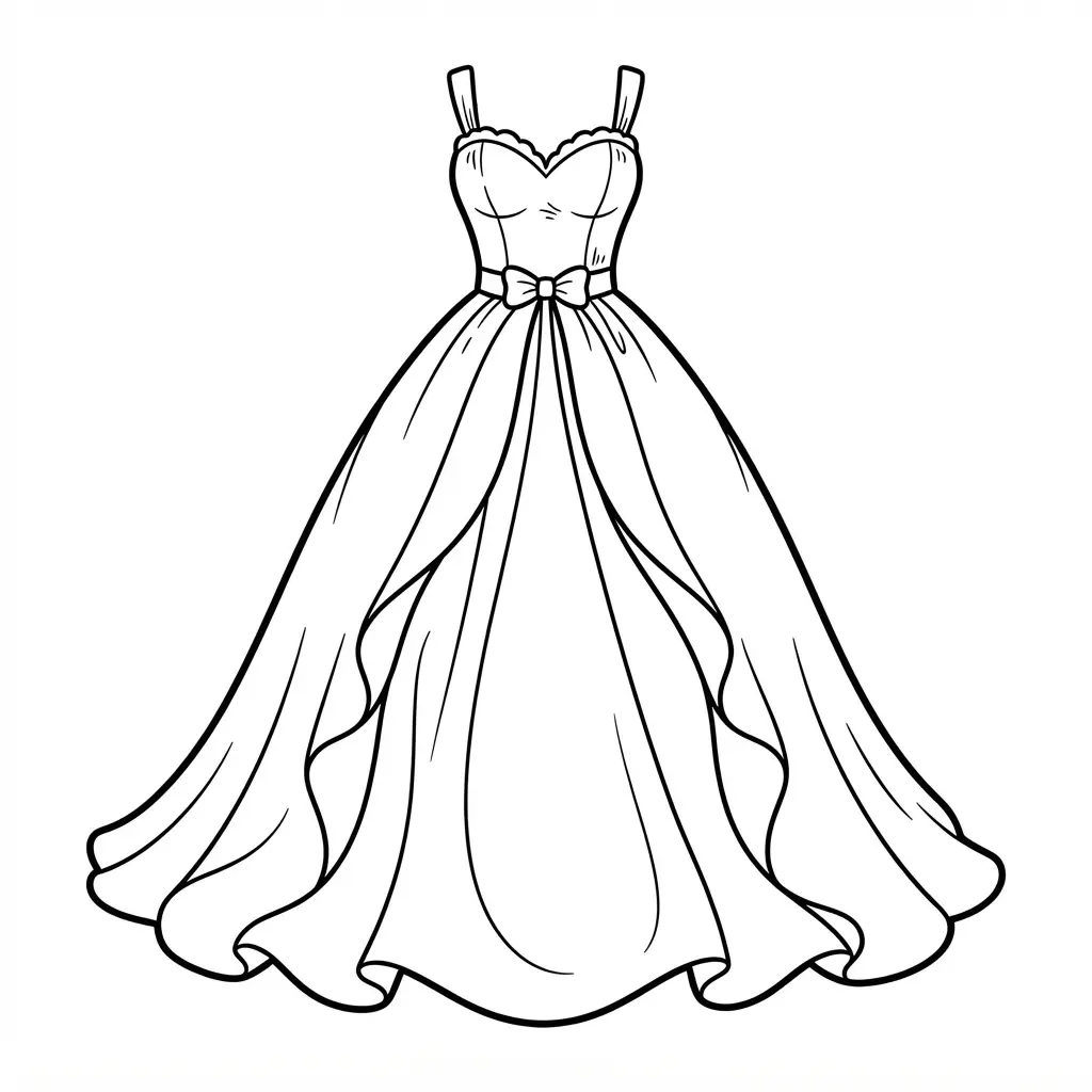 Elegant evening gown silhouette with a long skirt, fitted waist, and flowing neckline in a dress coloring pages design.