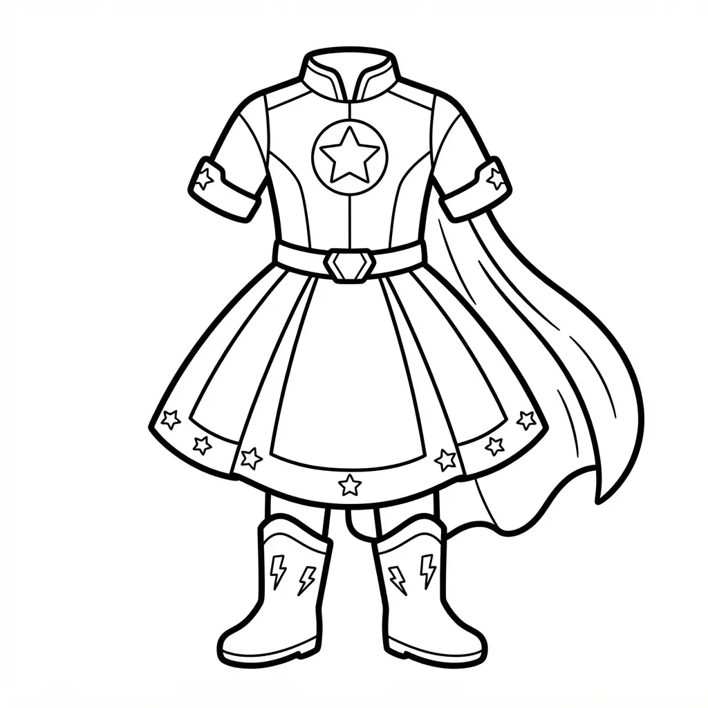 Superhero costume dress with a cape, star emblem, boots, and bold panel lines in a printable dress coloring pages scene.