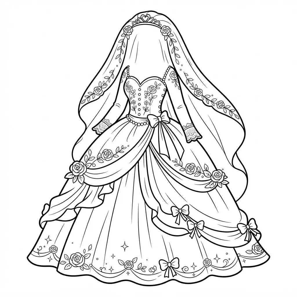 Fairytale wedding dress outline with a veil, floral trim, fitted bodice, and layered skirt for dress coloring pages.