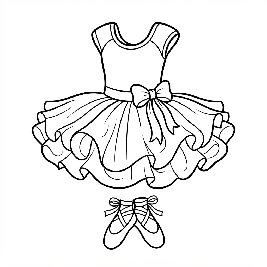 Ballet tutu dress with layered tulle, ballet slippers, and a tied waist shown in clean line art for dress coloring pages.