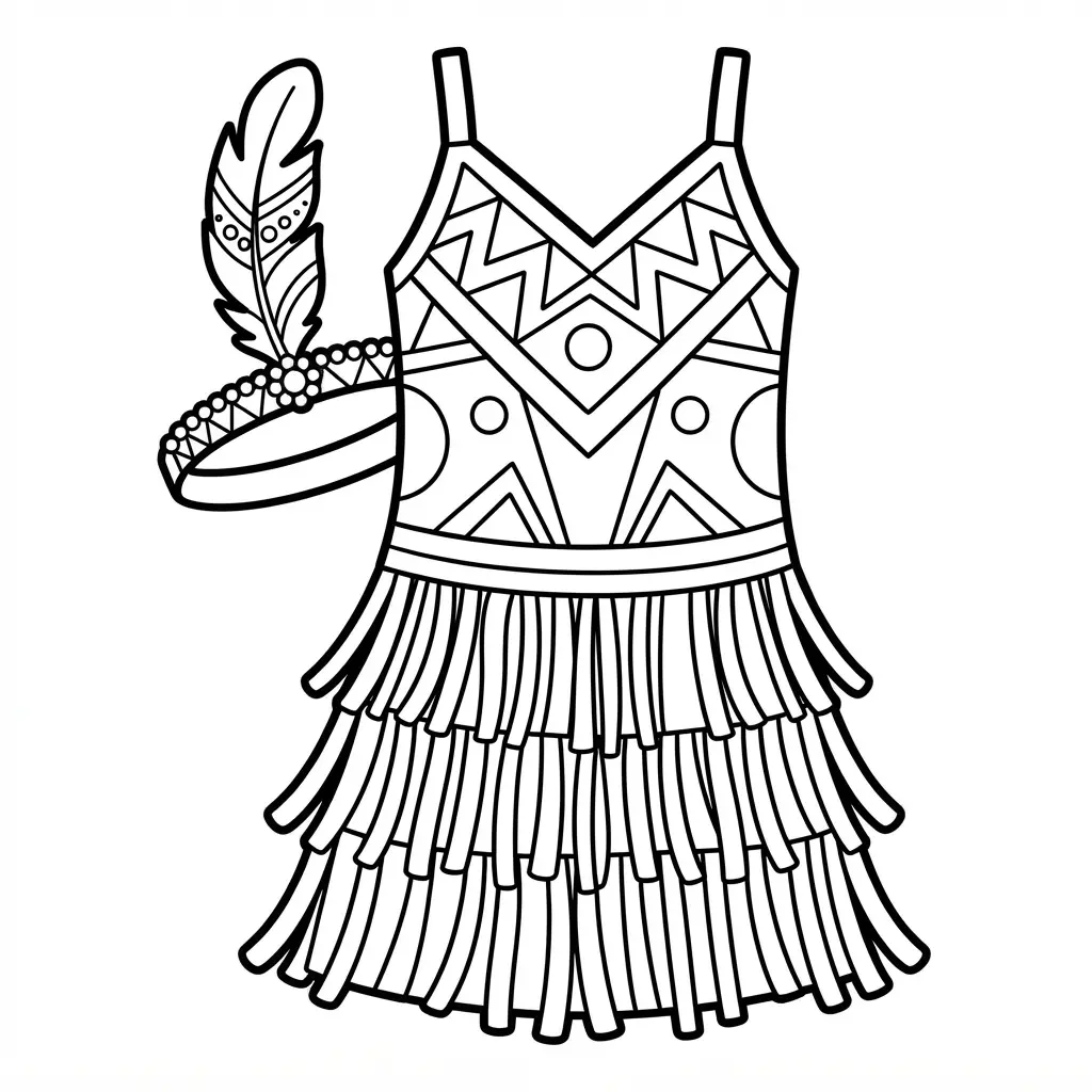 Vintage flapper dress with fringe rows, a dropped waist, and a feather headband shown in printable dress coloring pages art.